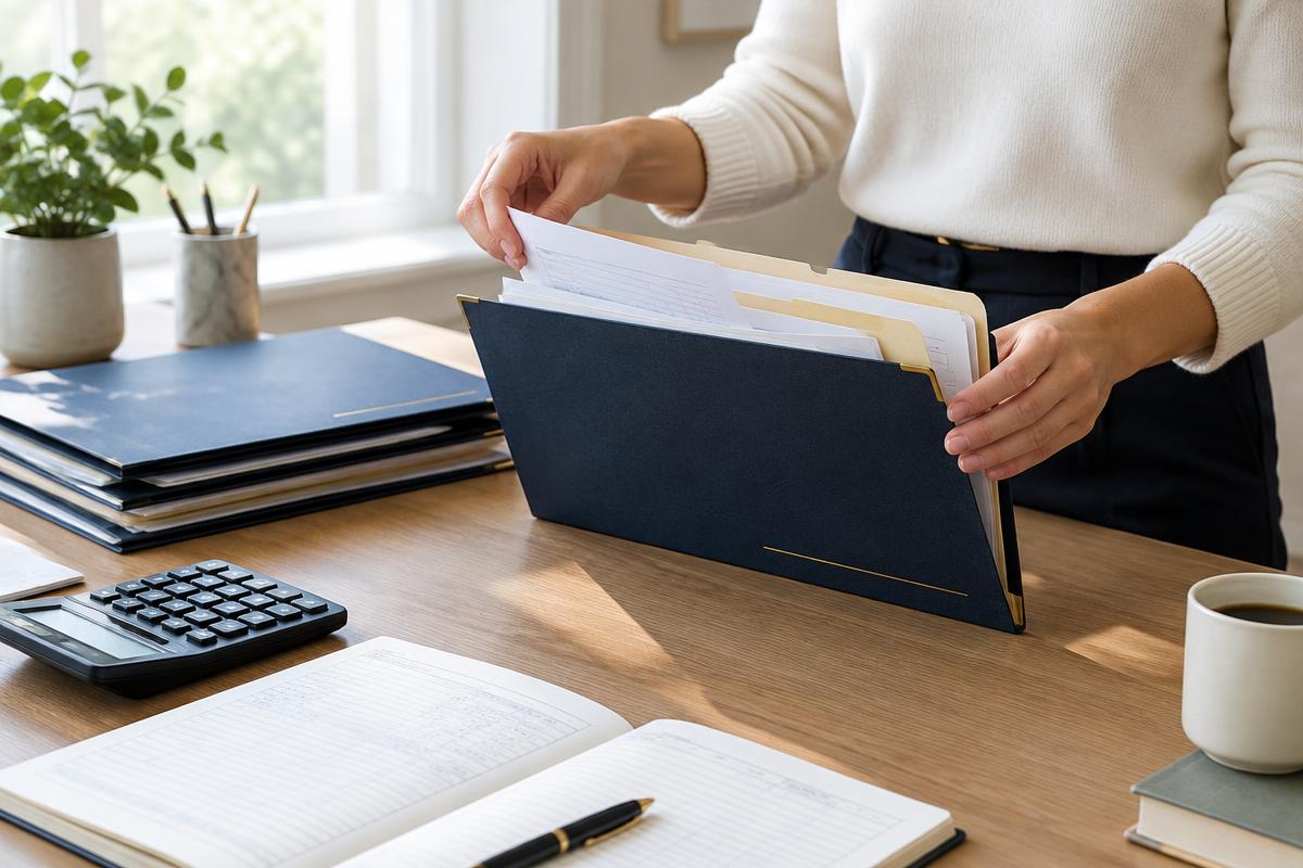 Owner organizing business paperwork and financial records