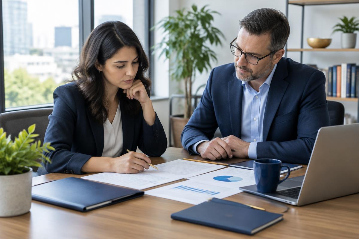 Business owner and advisor reviewing planning documents together
