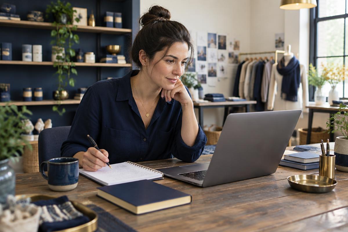 Small business owner planning customer follow-up beside a laptop