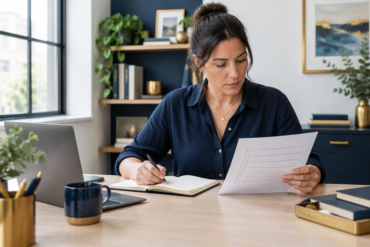 Business owner reviewing a checklist at her desk